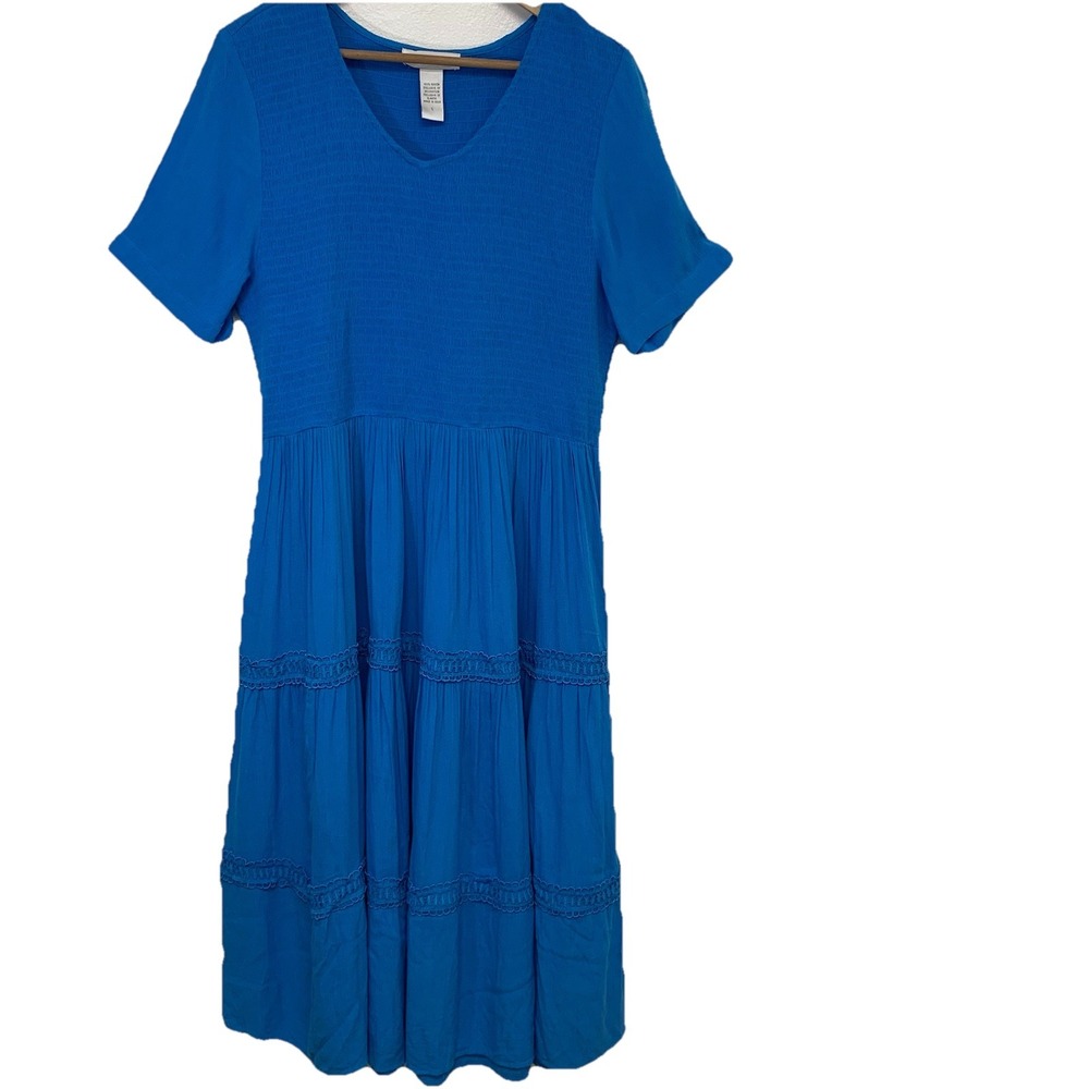 Drapers Damons Midi Tiered Smocked Dress Large Blue Pockets Boho Peasant  Office